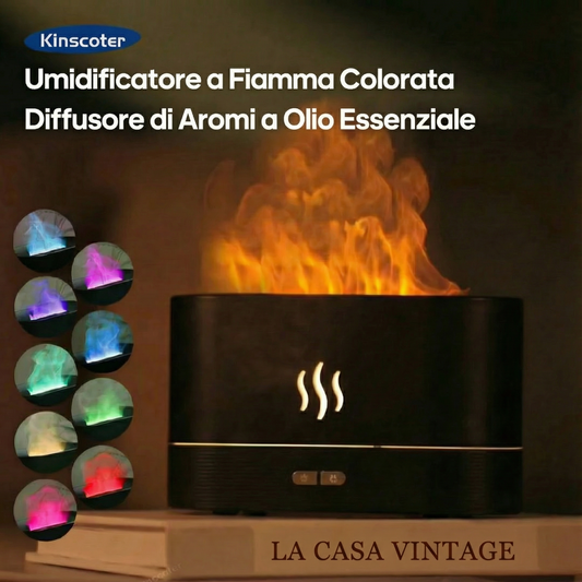 Diffusore di Aromi e Umidificatore d’Aria, Ultrasuoni, Nebbia Fredda, Lampada LED a Fiamma per Oli Essenziali