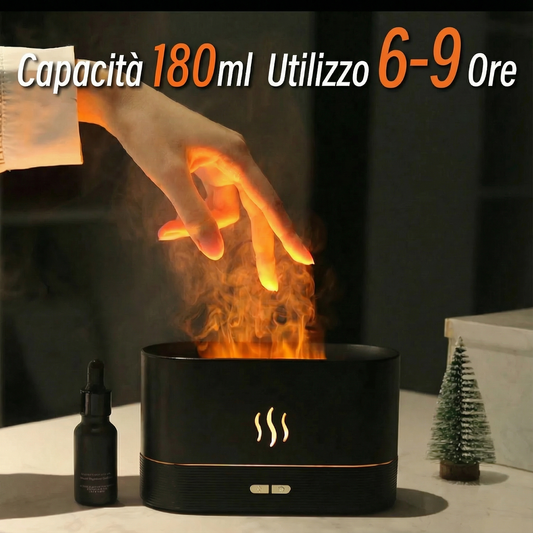 Diffusore di Aromi e Umidificatore d’Aria, Ultrasuoni, Nebbia Fredda, Lampada LED a Fiamma per Oli Essenziali